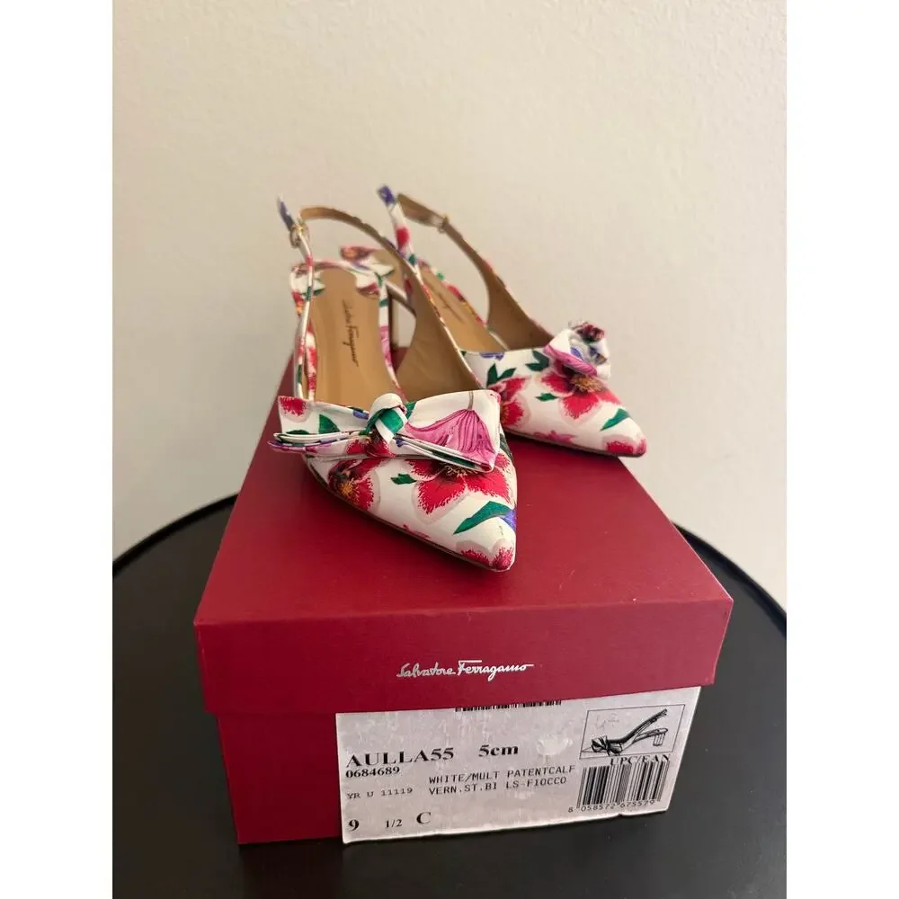 Salvatore Ferragamo white floral peony slingback heels sz 9 1/2